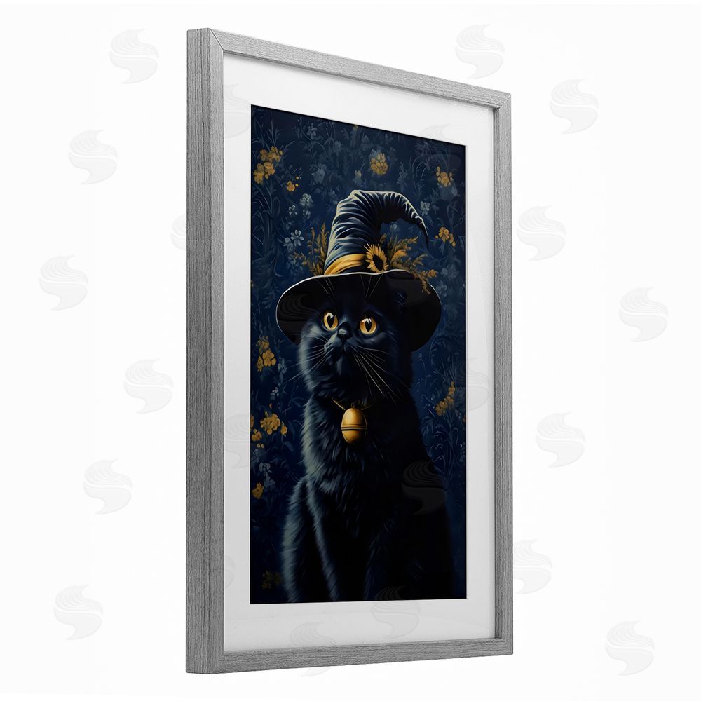 Arlington Prints Mystical Blue Witch Cat Gray Framed Print Under Glass with White Mat Wall Art