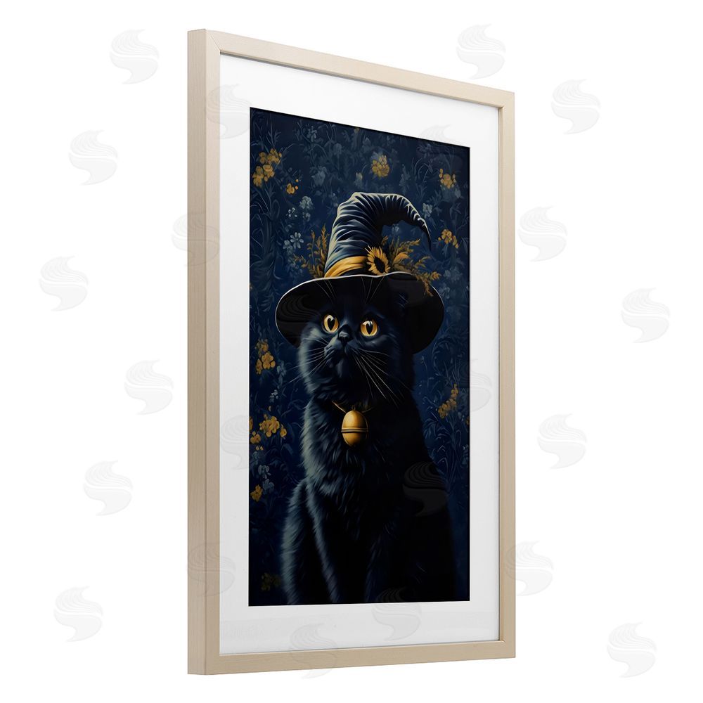 Arlington Prints Mystical Blue Witch Cat Birch Framed Print Under Glass with White Mat Wall Art
