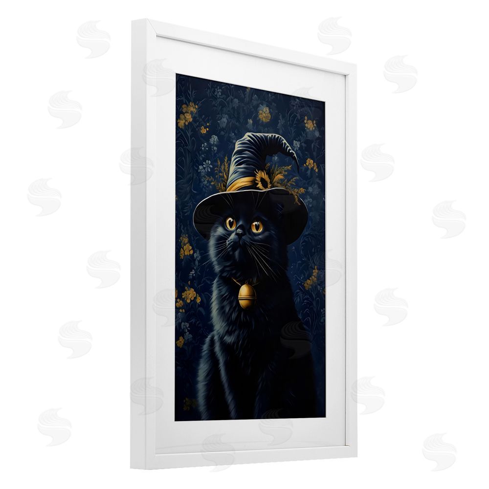 Arlington Prints Mystical Blue Witch Cat White Framed Print Under Glass with Mat Wall Art
