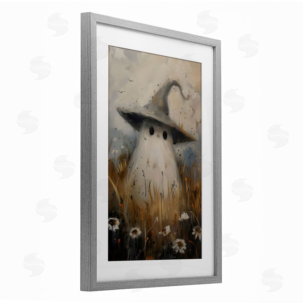 Arlington Prints Cute Ghost In Field Gray Framed Print Under Glass with White Mat Wall Art