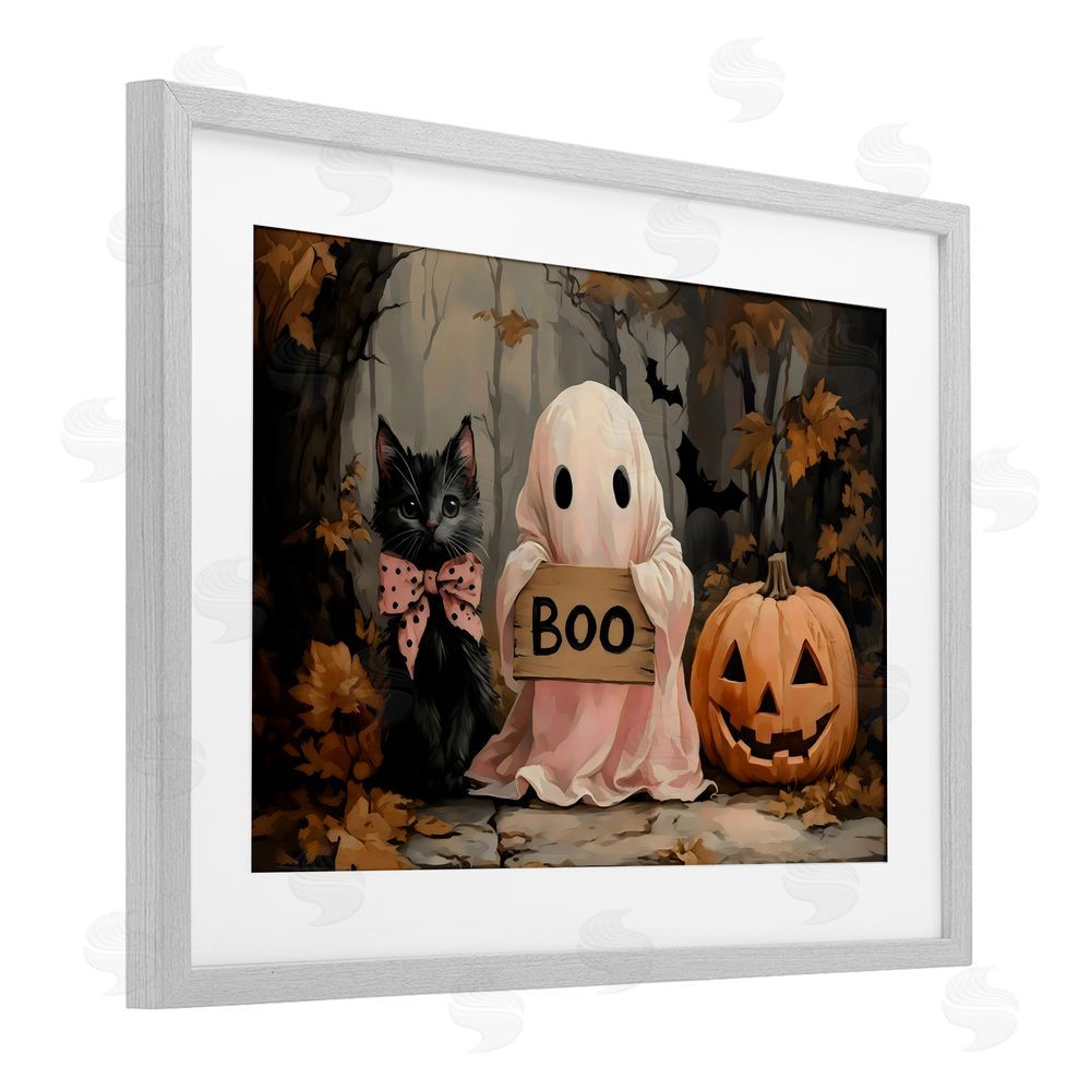 Arlington Prints Cute Halloween Boo Portrait Gray Framed Print Under Glass with White Mat Wall Art