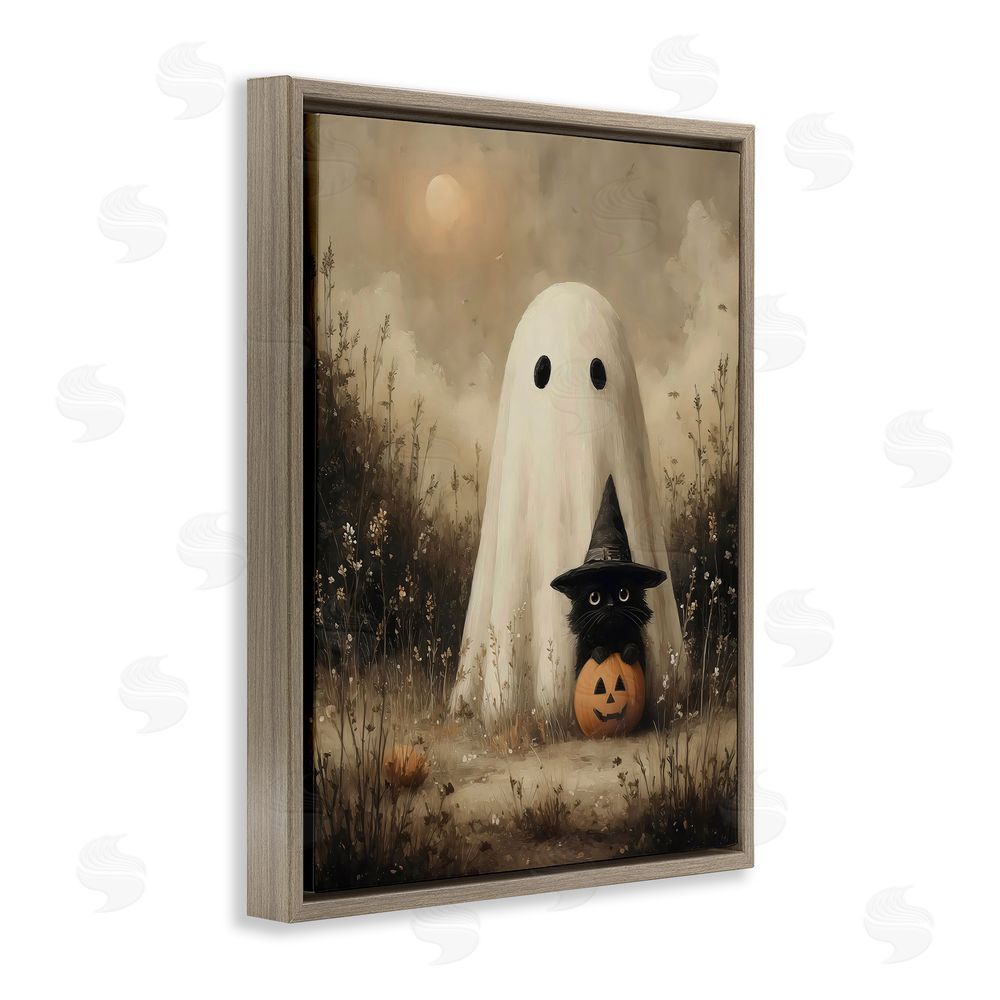 Arlington Prints Ghost & Black Kitten Brown Floating Frame Canvas Wall Art Print