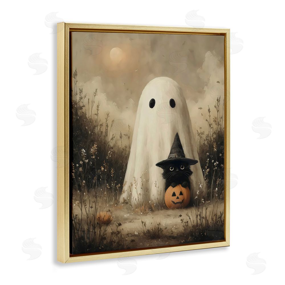 Arlington Prints Ghost & Black Kitten Gold Floating Frame Canvas Wall Art Print