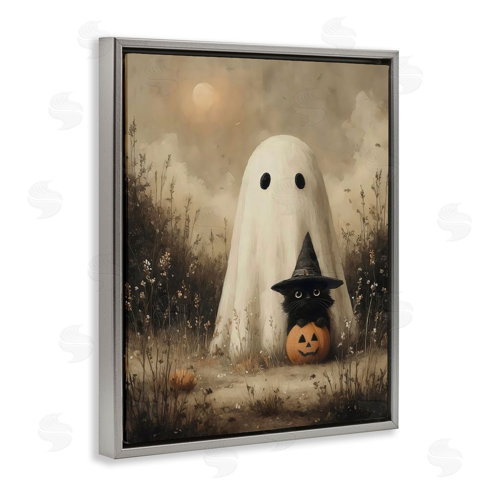 Arlington Prints Ghost & Black Kitten Gray Floating Frame Canvas Wall Art Print