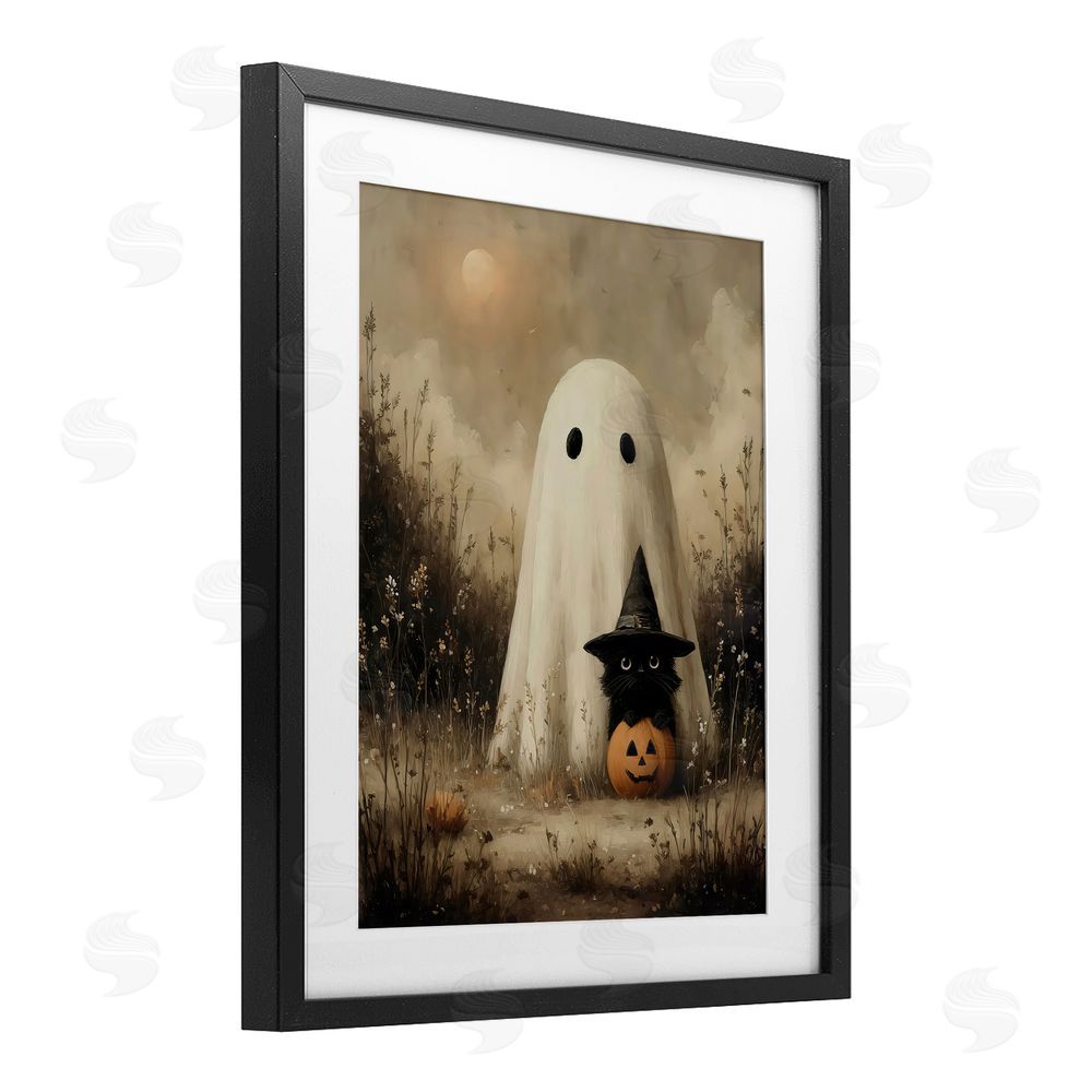 Arlington Prints Ghost & Black Kitten Black Framed Print Under Glass with White Mat Wall Art