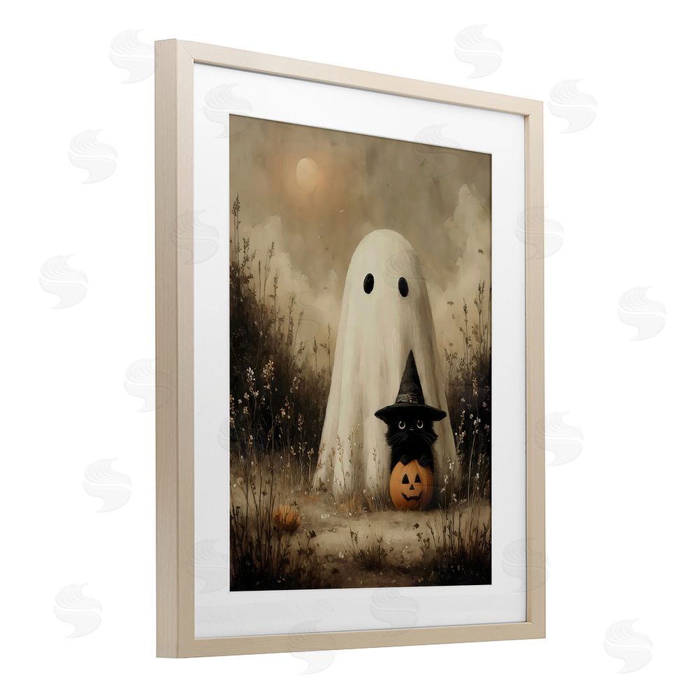 Arlington Prints Ghost & Black Kitten Birch Framed Print Under Glass with White Mat Wall Art