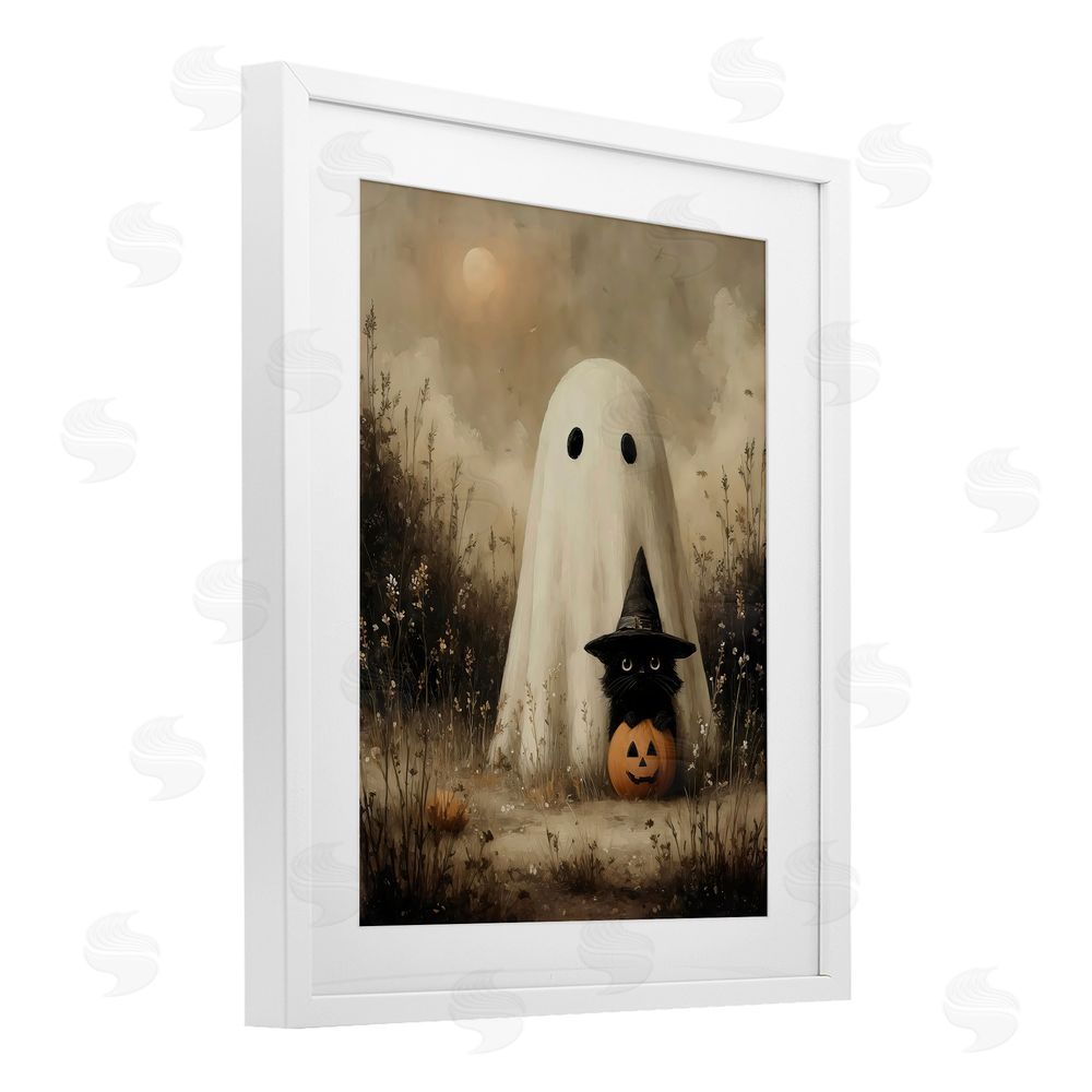 Arlington Prints Ghost & Black Kitten White Framed Print Under Glass with Mat Wall Art