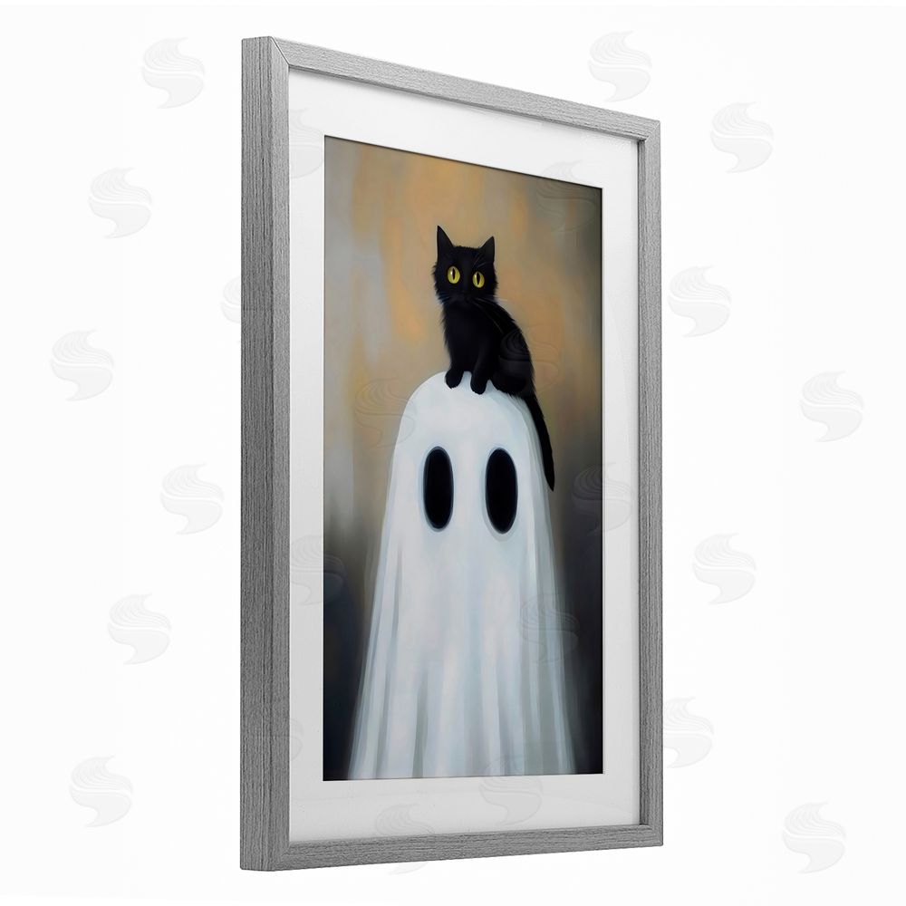 Arlington Prints Ghost And Kitten Perched Gray Framed Print Under Glass with White Mat Wall Art