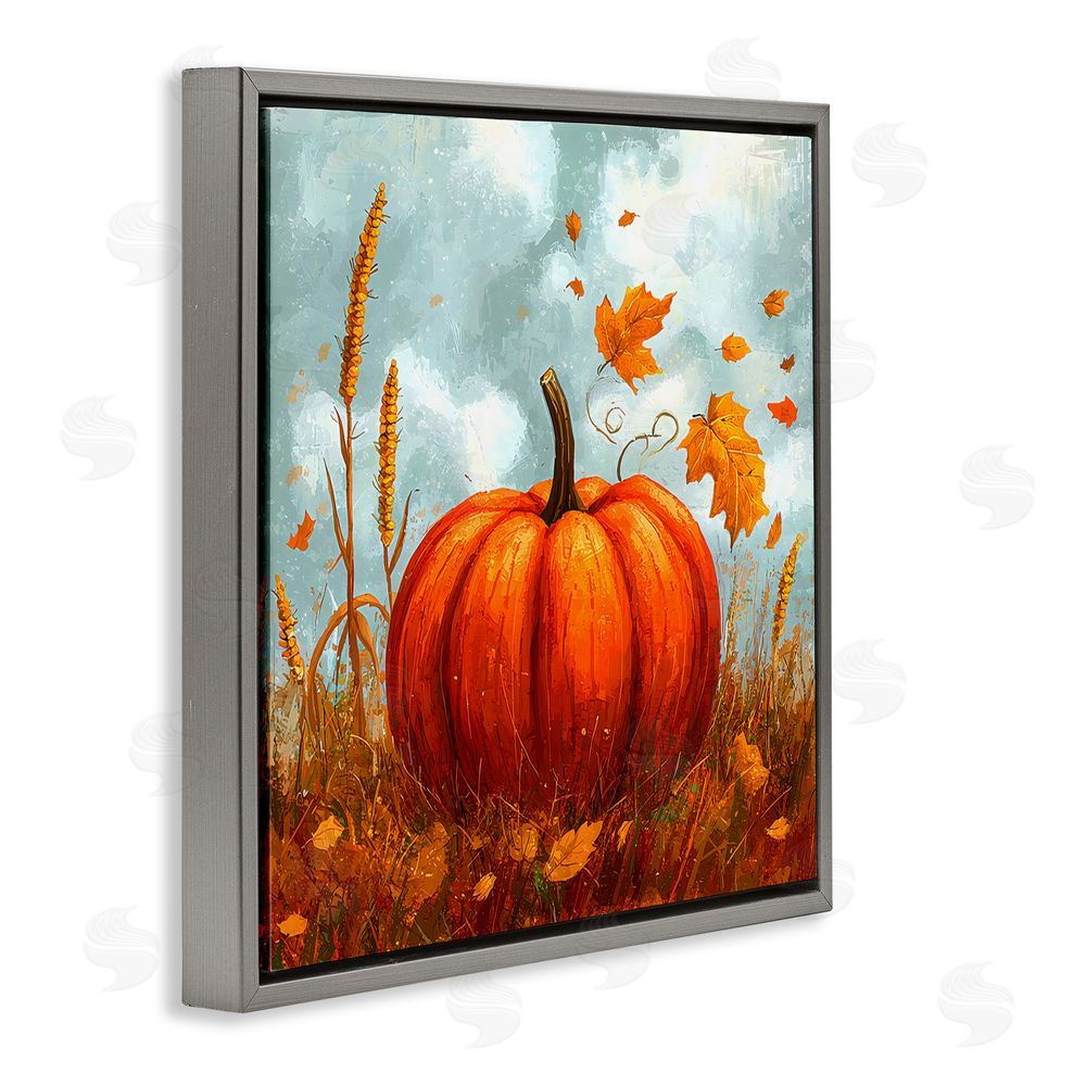 Creative Studio Pumpkin & Falling Leaves Gray Floating Frame Canvas Wall Art Print