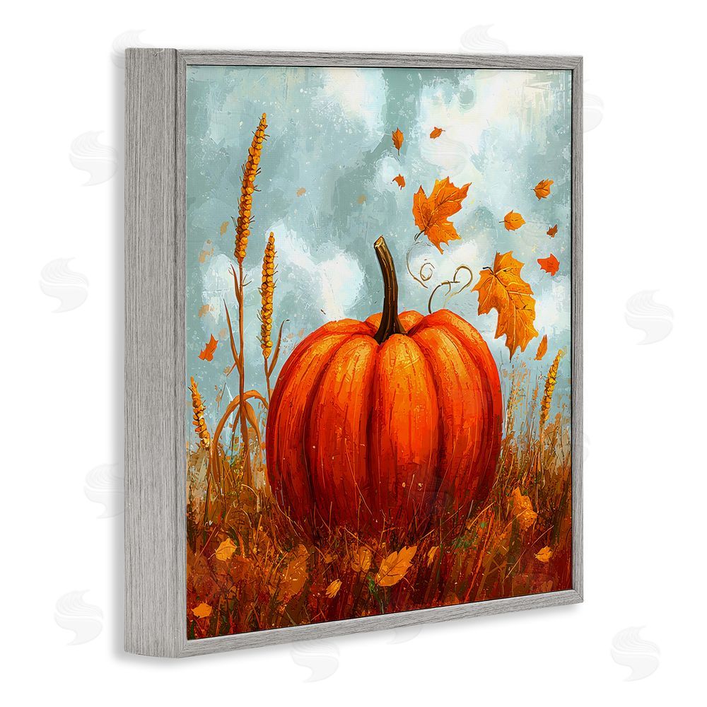 Creative Studio Pumpkin & Falling Leaves Gray Framed Giclee Wall Art Print