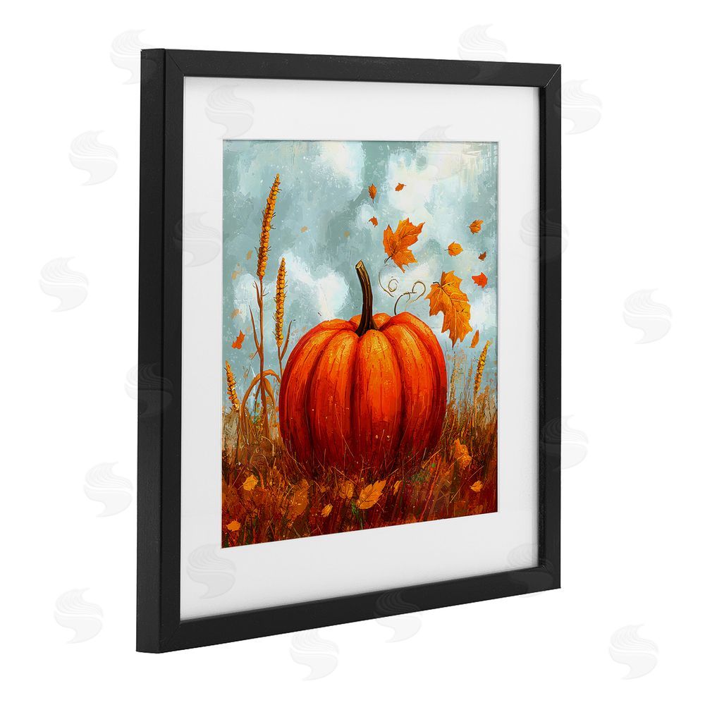 Creative Studio Pumpkin & Falling Leaves Black Framed Print Under Glass with White Mat Wall Art