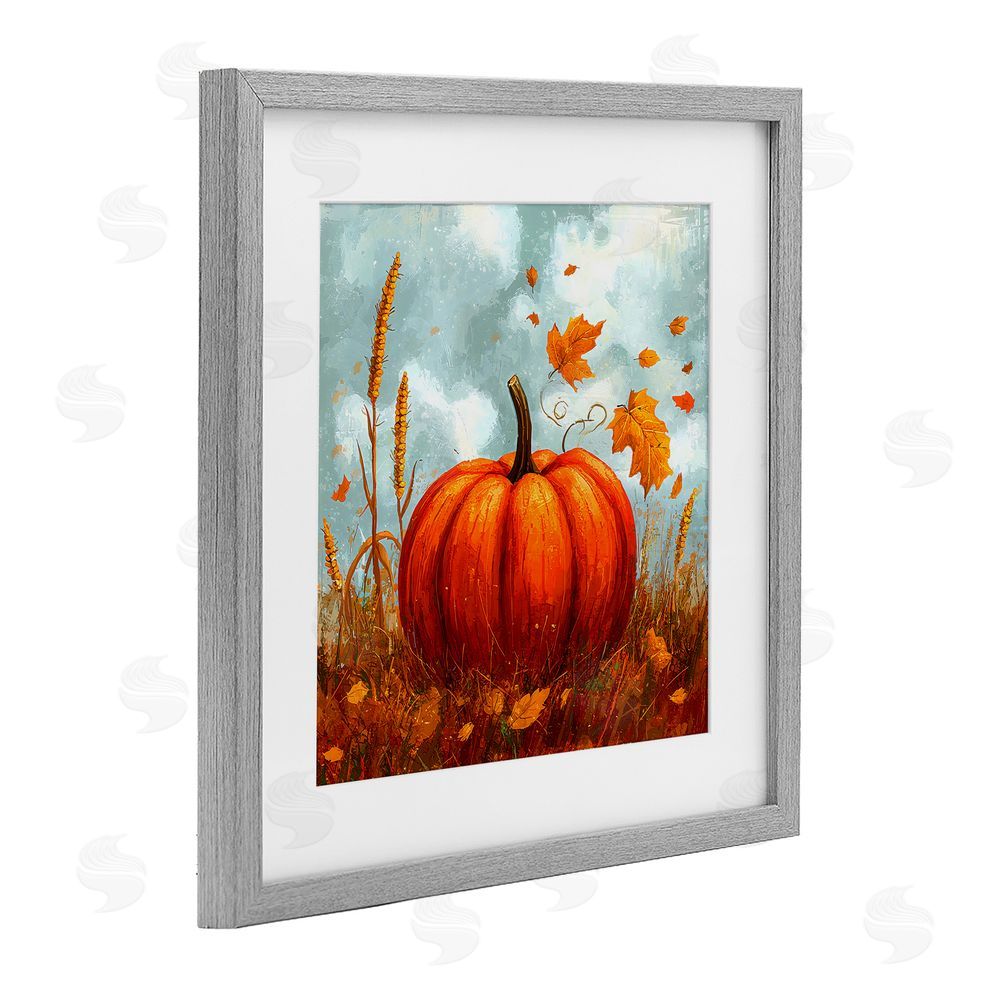 Creative Studio Pumpkin & Falling Leaves Gray Framed Print Under Glass with White Mat Wall Art