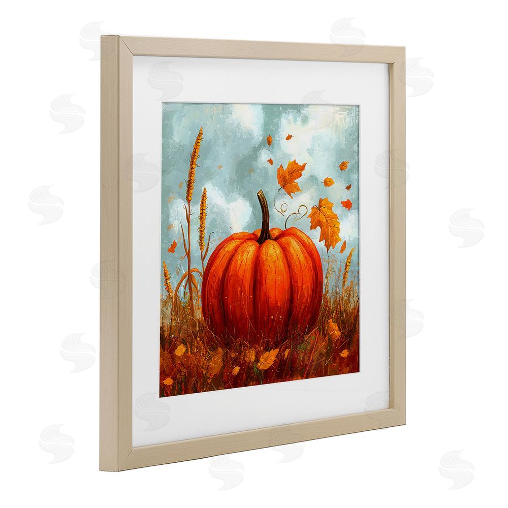 Creative Studio Pumpkin & Falling Leaves Birch Framed Print Under Glass with White Mat Wall Art