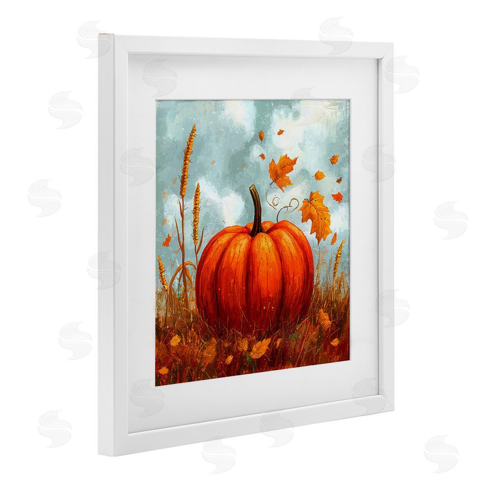 Creative Studio Pumpkin & Falling Leaves White Framed Print Under Glass with Mat Wall Art