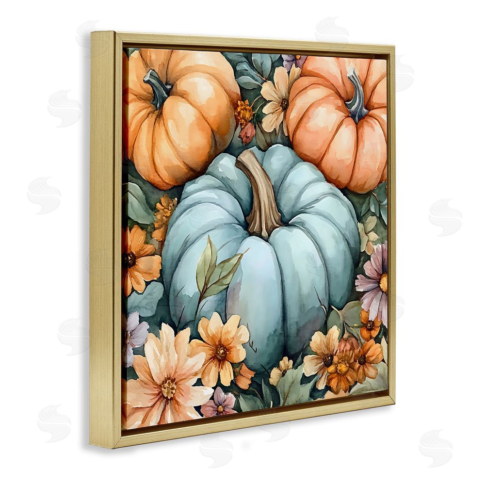 Creative Studio Three Pumpkins & Florals Gold Floating Frame Canvas Wall Art Print