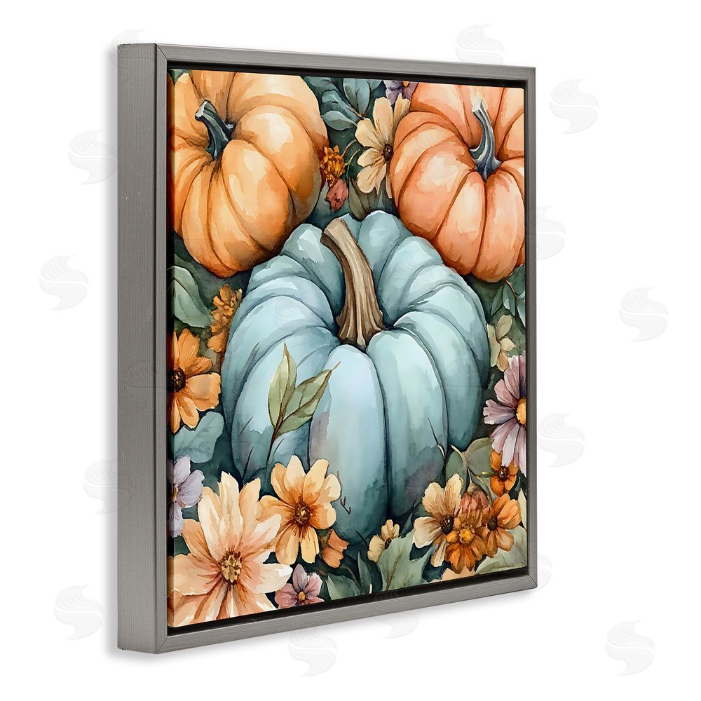 Creative Studio Three Pumpkins & Florals Gray Floating Frame Canvas Wall Art Print