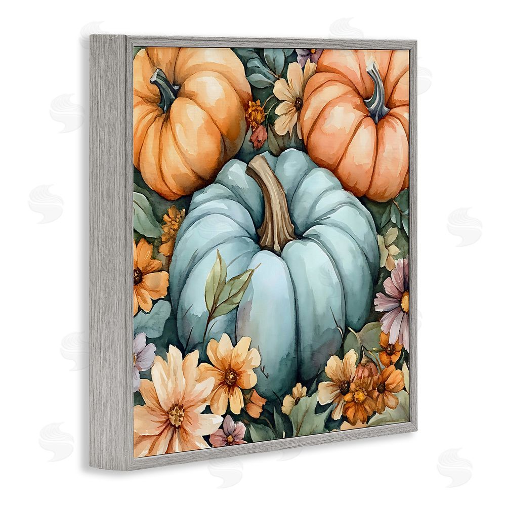 Creative Studio Three Pumpkins & Florals Gray Framed Giclee Wall Art Print