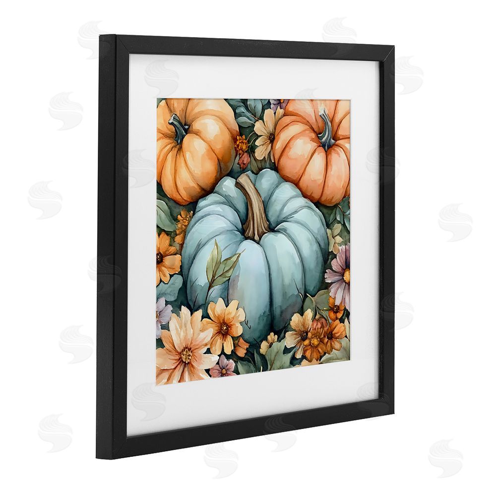 Creative Studio Three Pumpkins & Florals Black Framed Print Under Glass with White Mat Wall Art