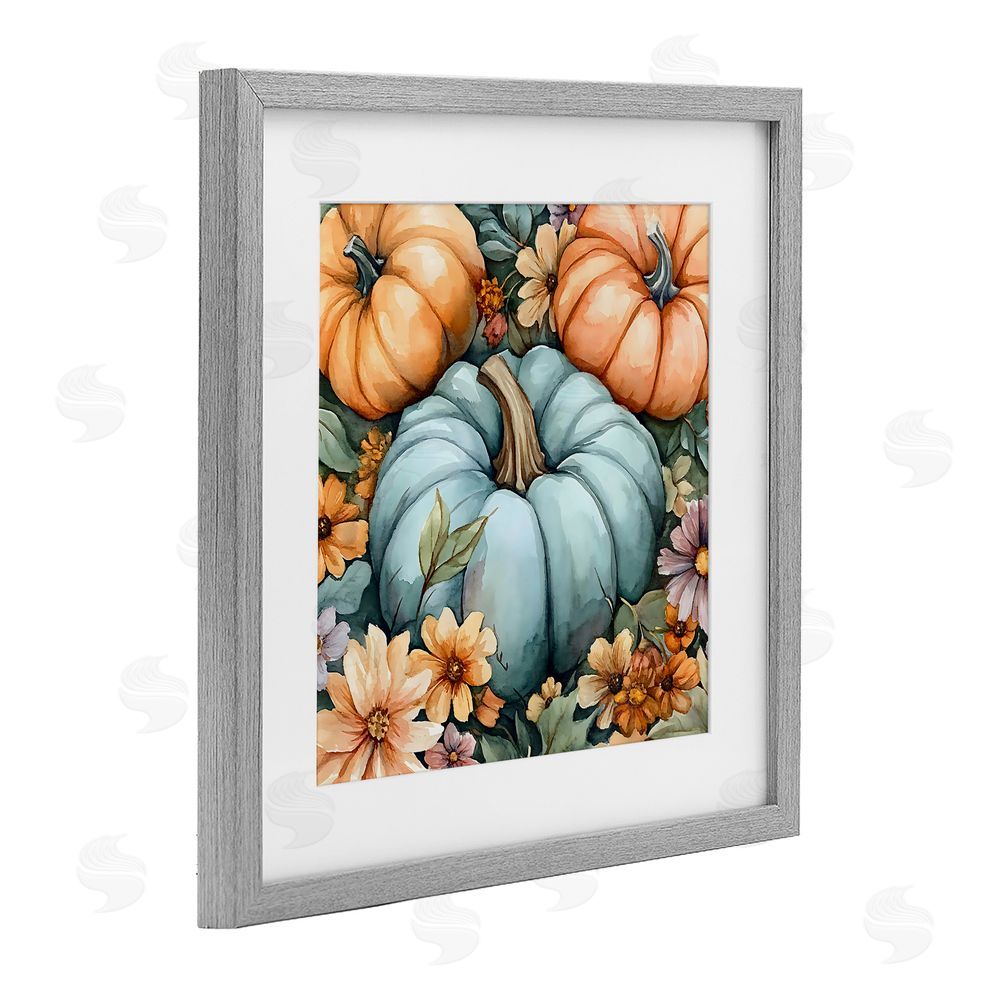 Creative Studio Three Pumpkins & Florals Gray Framed Print Under Glass with White Mat Wall Art