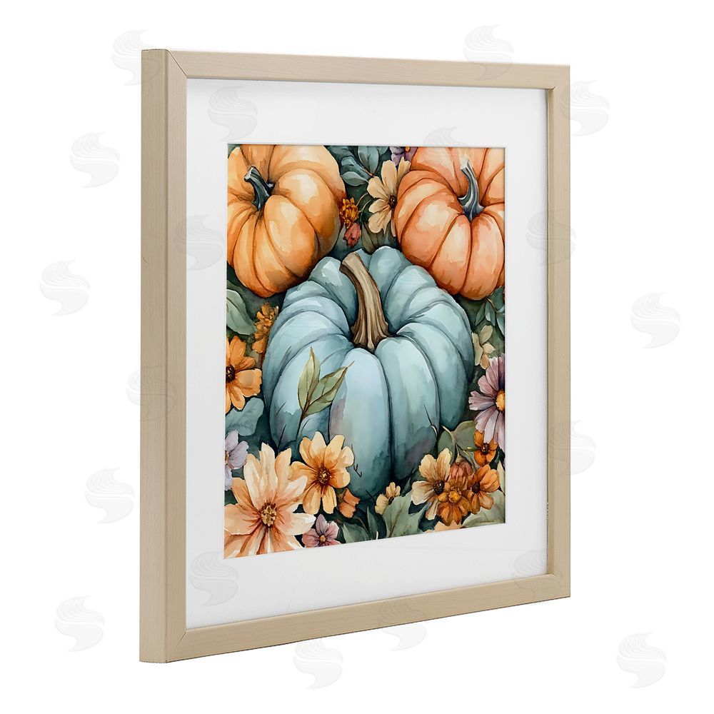 Creative Studio Three Pumpkins & Florals Birch Framed Print Under Glass with White Mat Wall Art