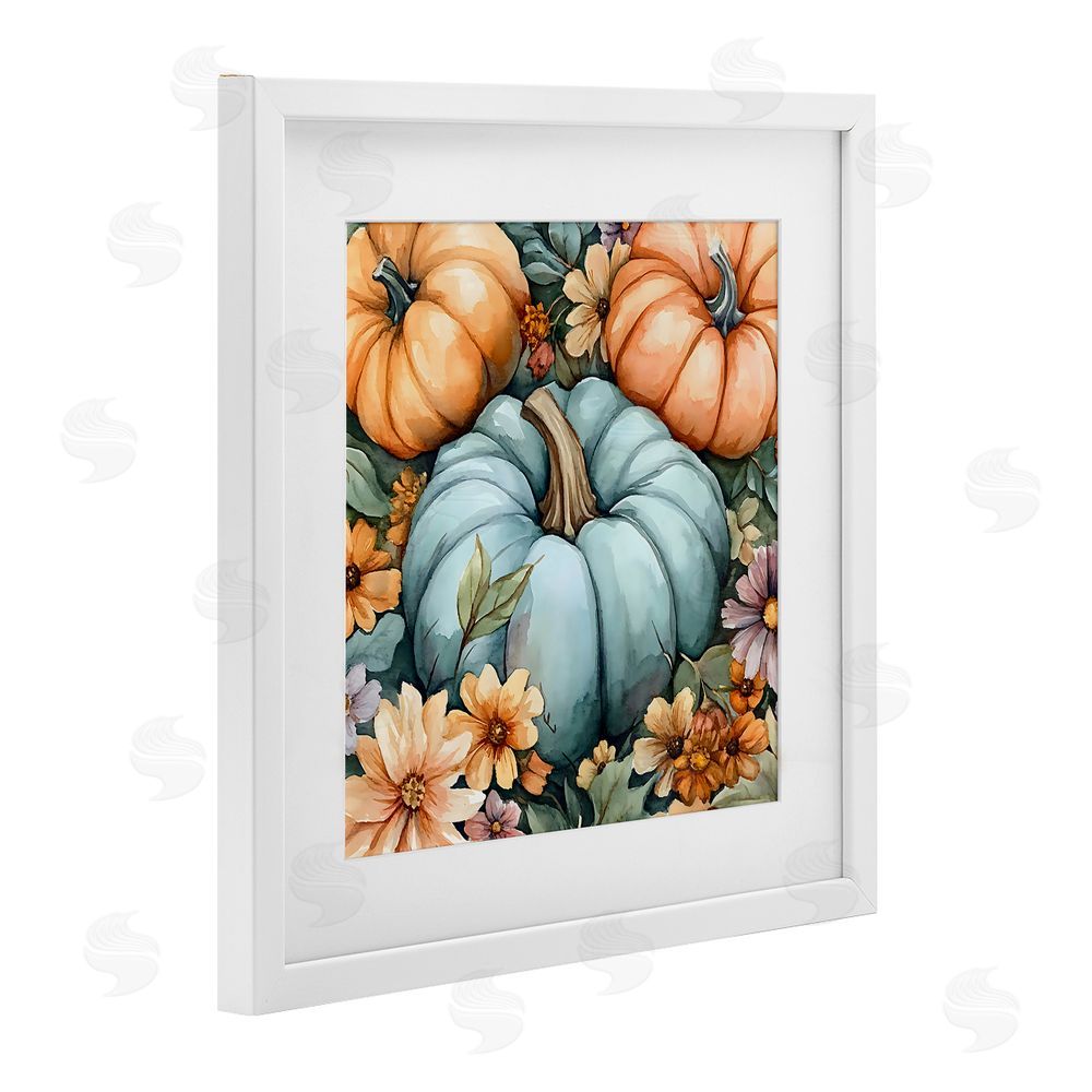 Creative Studio Three Pumpkins & Florals White Framed Print Under Glass with Mat Wall Art