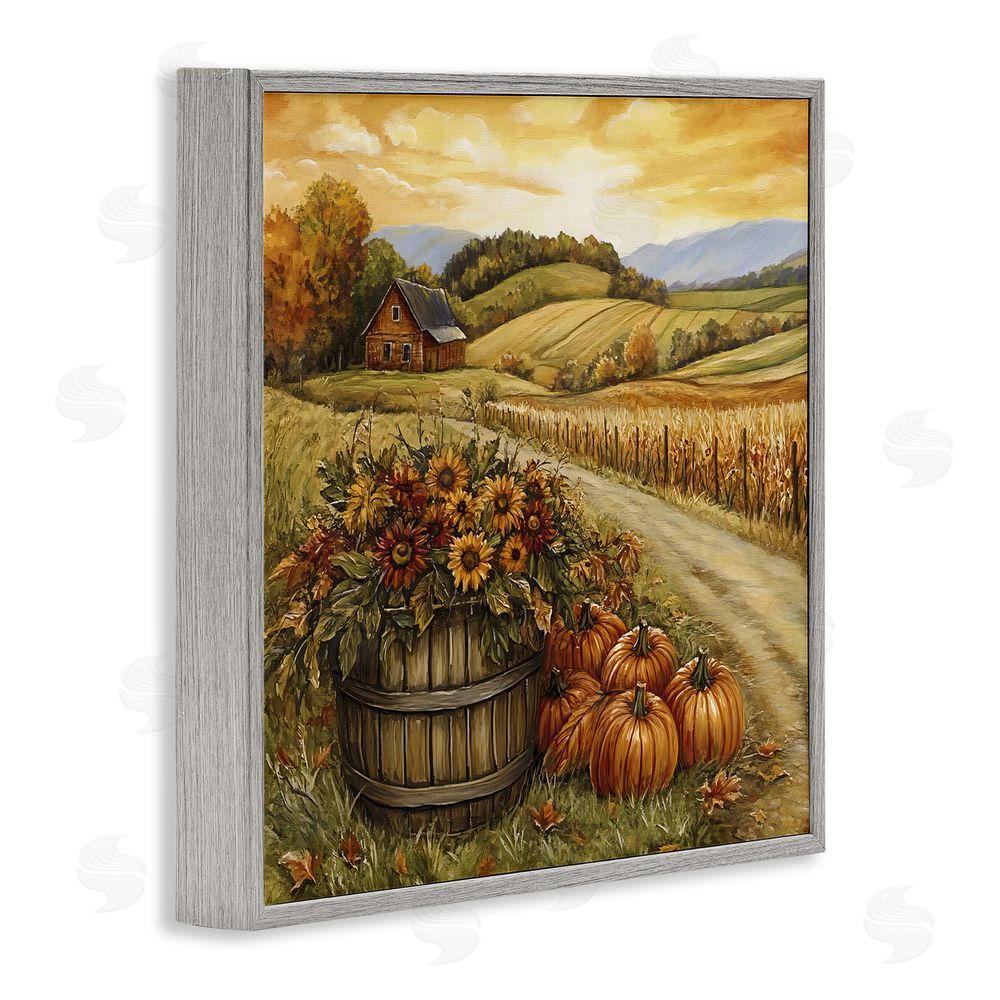 Creative Studio Pumpkin Farm & Sunflowers Gray Framed Giclee Wall Art Print