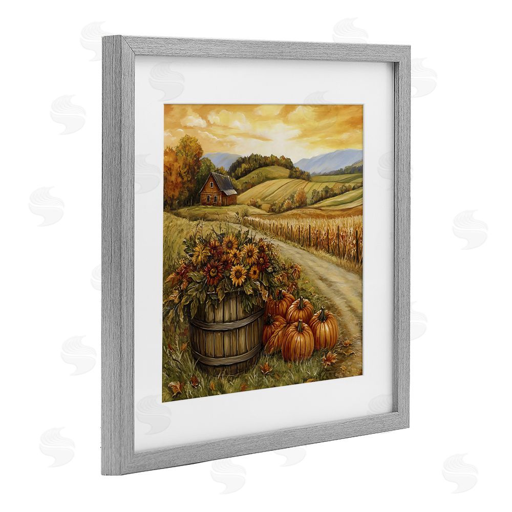 Creative Studio Pumpkin Farm & Sunflowers Gray Framed Print Under Glass with White Mat Wall Art