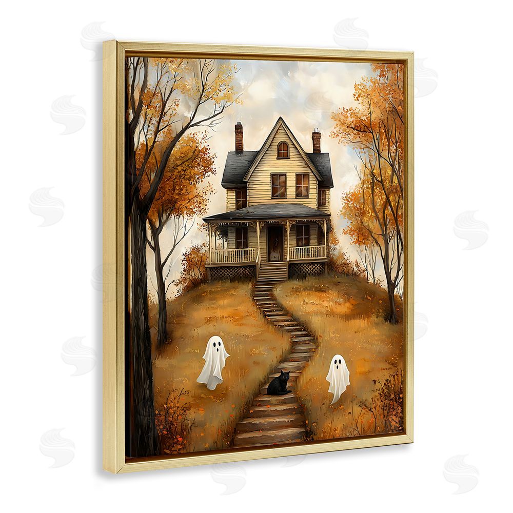 Creative Studio Cozy Halloween House Gold Floating Frame Canvas Wall Art Print