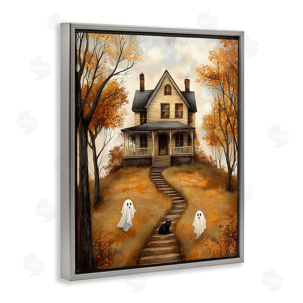 Creative Studio Cozy Halloween House Gray Floating Frame Canvas Wall Art Print