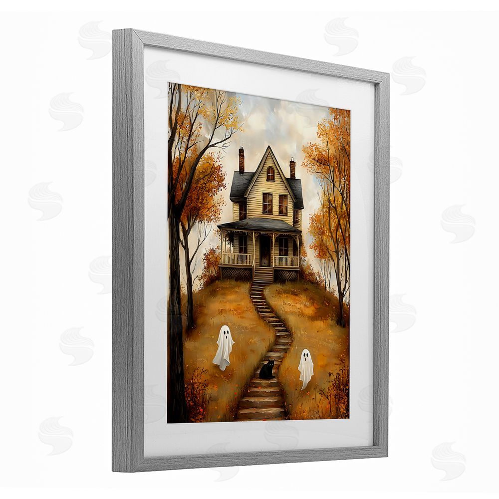 Creative Studio Cozy Halloween House Gray Framed Print Under Glass with White Mat Wall Art