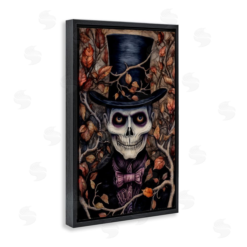 The Dutch Lady Spooky Skeleton with Leaves Black Floating Frame Canvas Wall Art Print