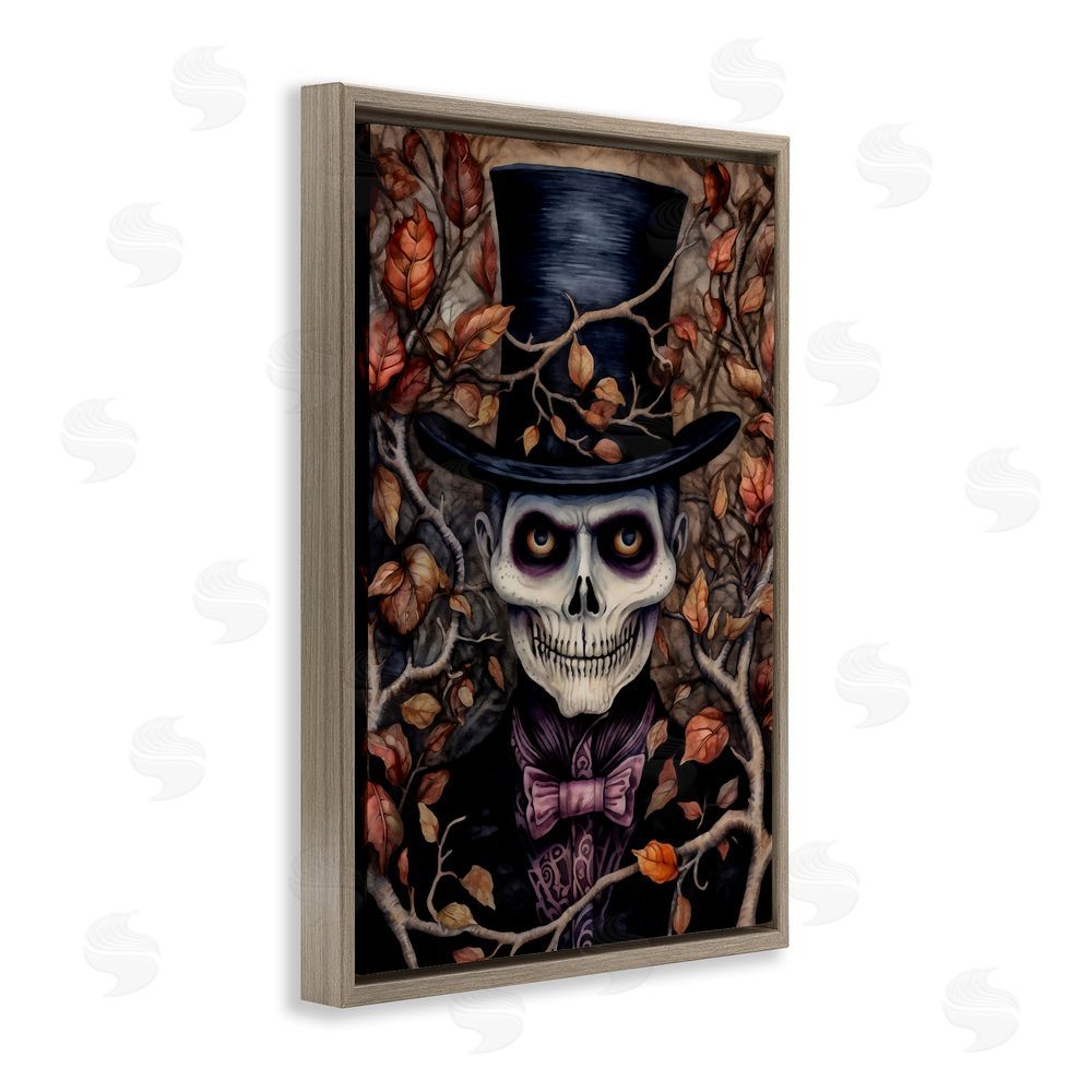 The Dutch Lady Spooky Skeleton with Leaves Brown Floating Frame Canvas Wall Art Print