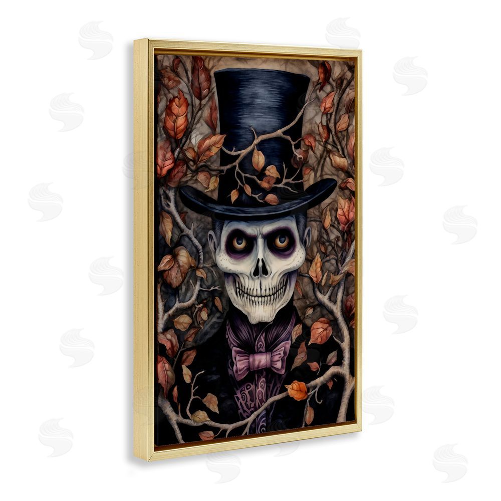 The Dutch Lady Spooky Skeleton with Leaves Gold Floating Frame Canvas Wall Art Print