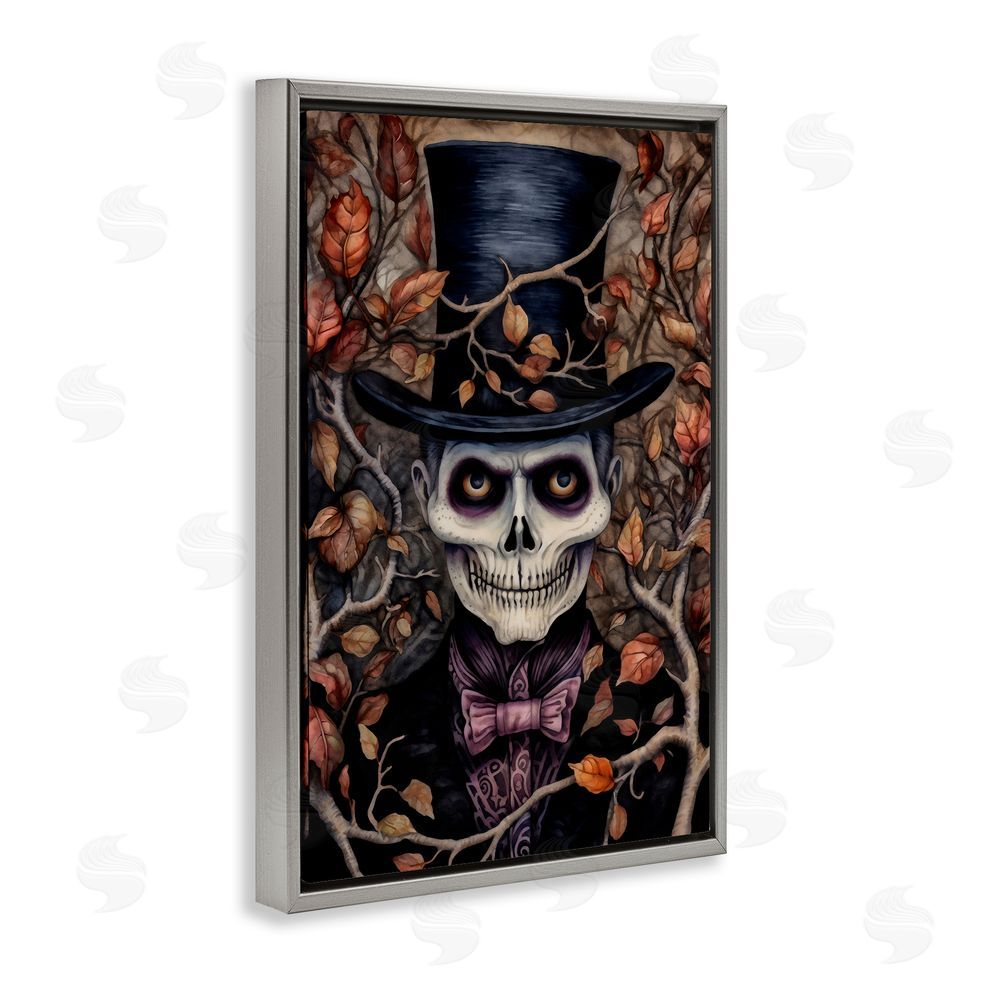 The Dutch Lady Spooky Skeleton with Leaves Gray Floating Frame Canvas Wall Art Print