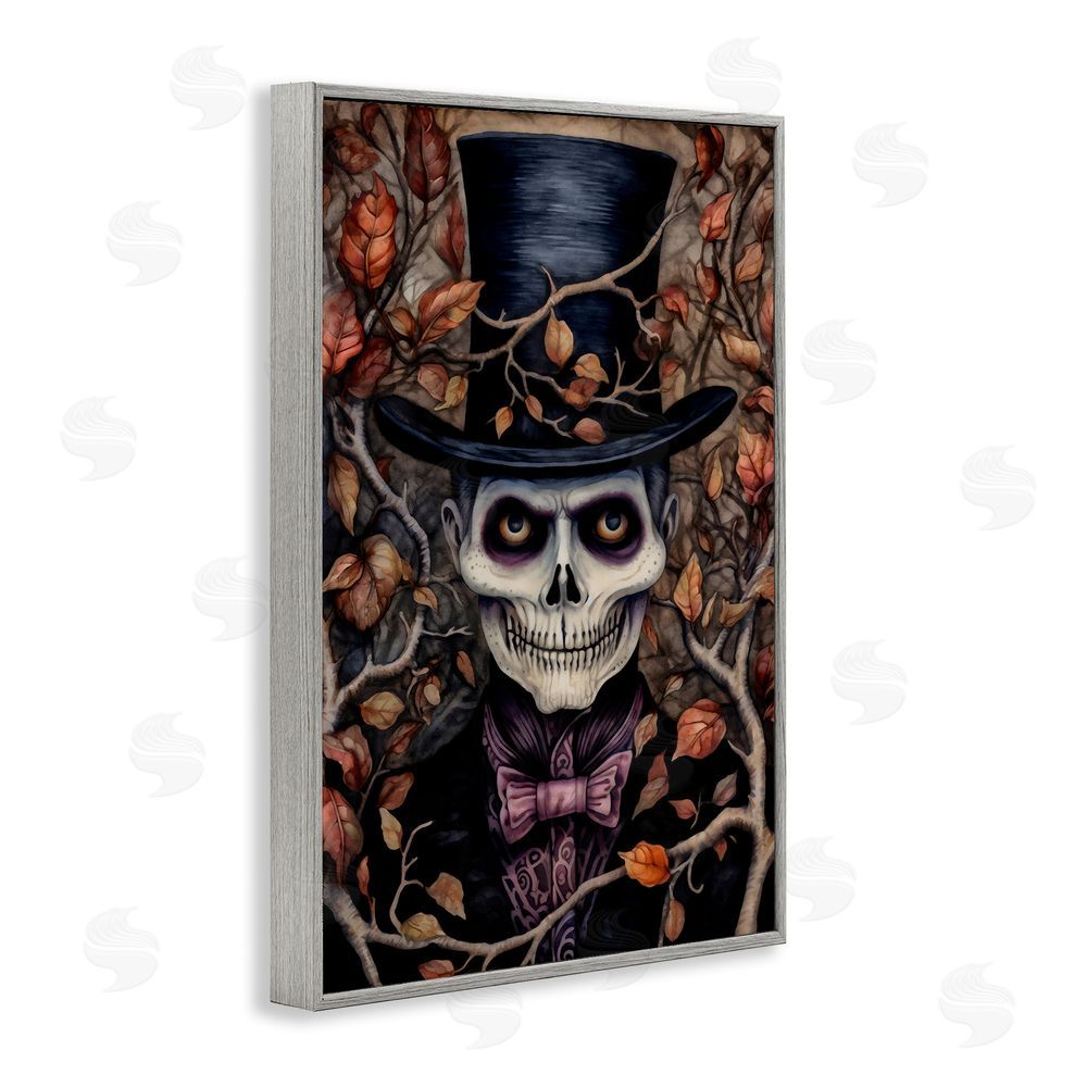 The Dutch Lady Spooky Skeleton with Leaves Gray Framed Giclee Wall Art Print