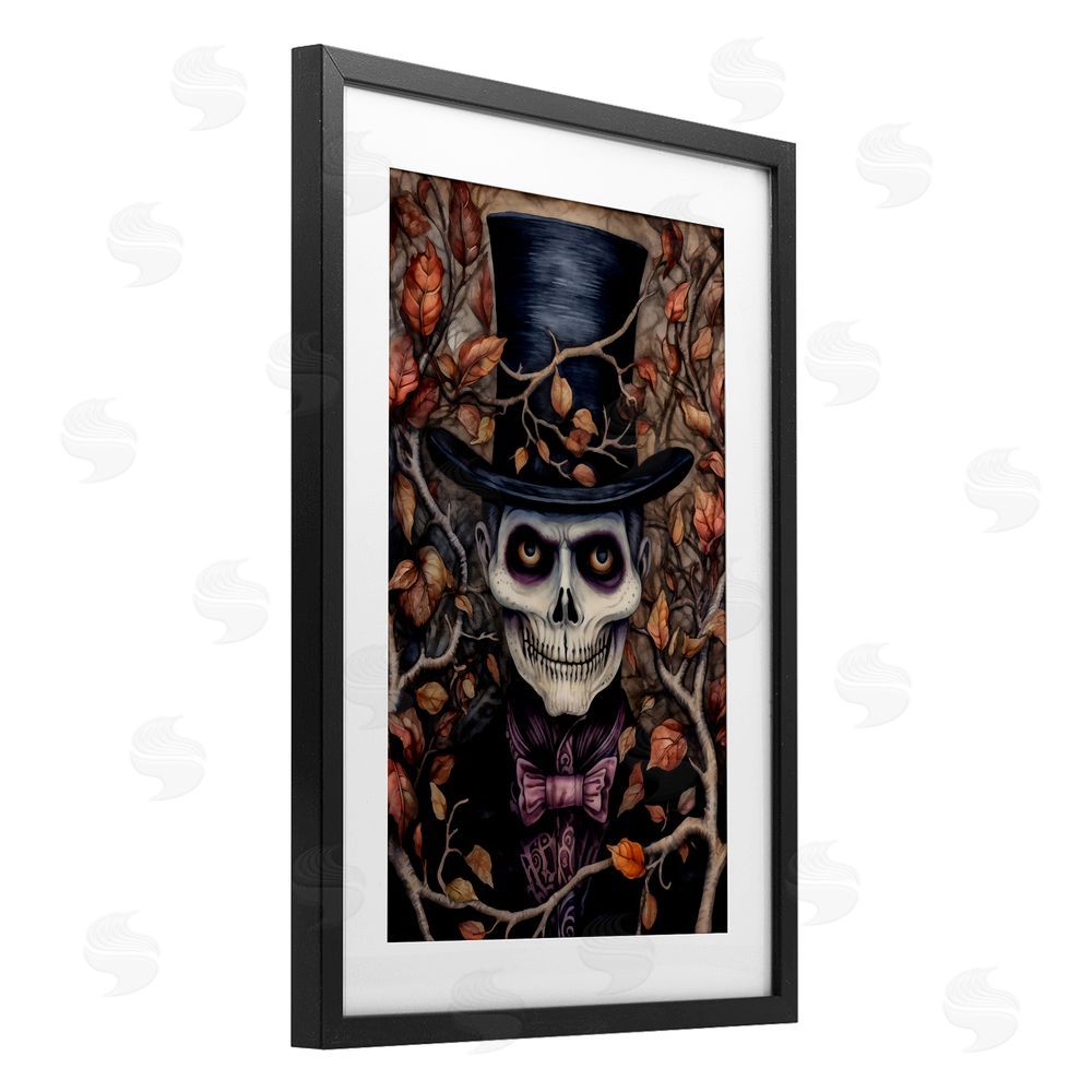 The Dutch Lady Spooky Skeleton with Leaves Black Framed Print Under Glass with White Mat Wall Art