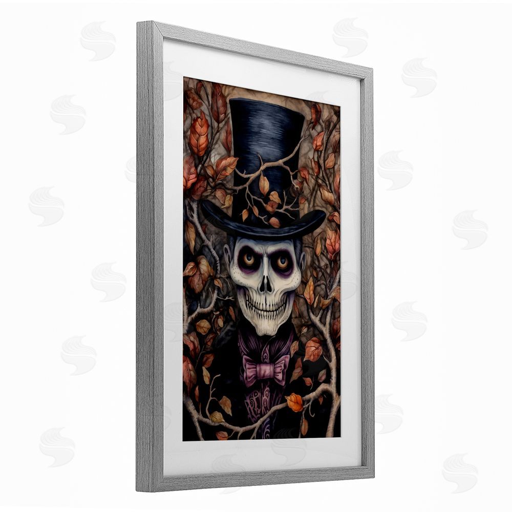 The Dutch Lady Spooky Skeleton with Leaves Gray Framed Print Under Glass with White Mat Wall Art