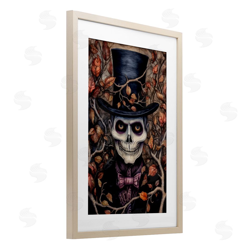 The Dutch Lady Spooky Skeleton with Leaves Birch Framed Print Under Glass with White Mat Wall Art