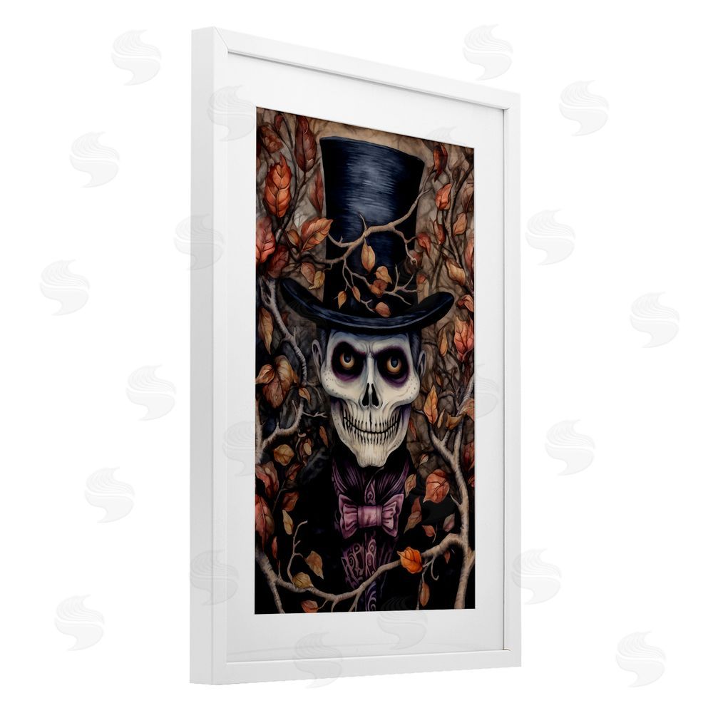 The Dutch Lady Spooky Skeleton with Leaves White Framed Print Under Glass with Mat Wall Art