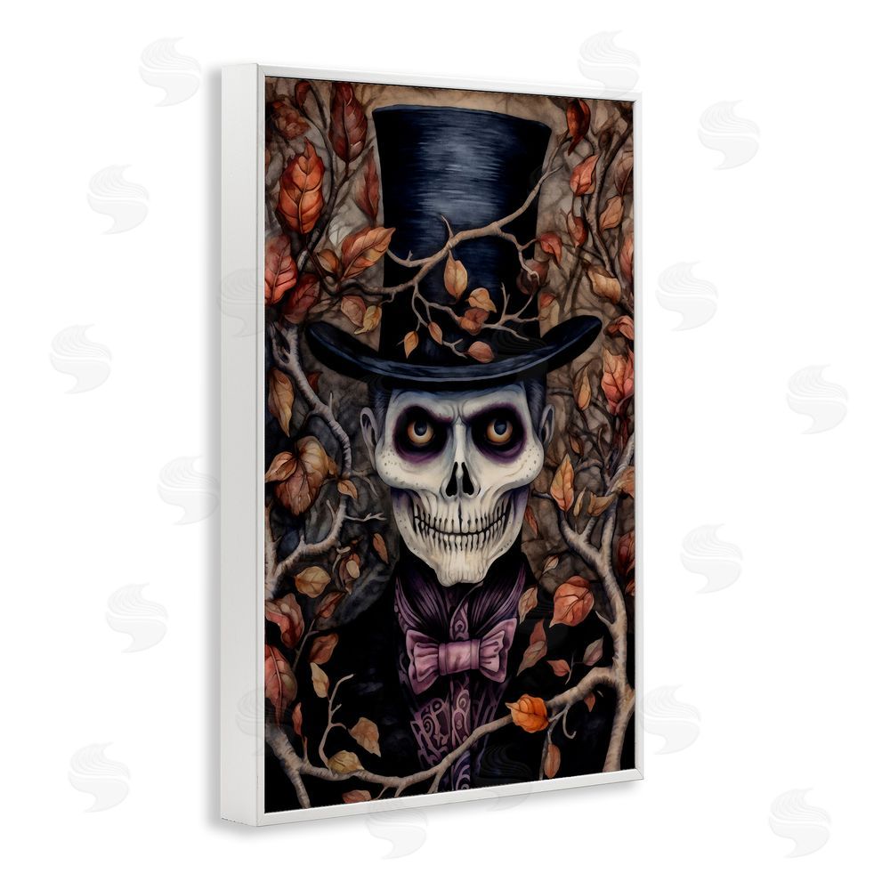 The Dutch Lady Spooky Skeleton with Leaves White Framed Giclee Wall Art Print