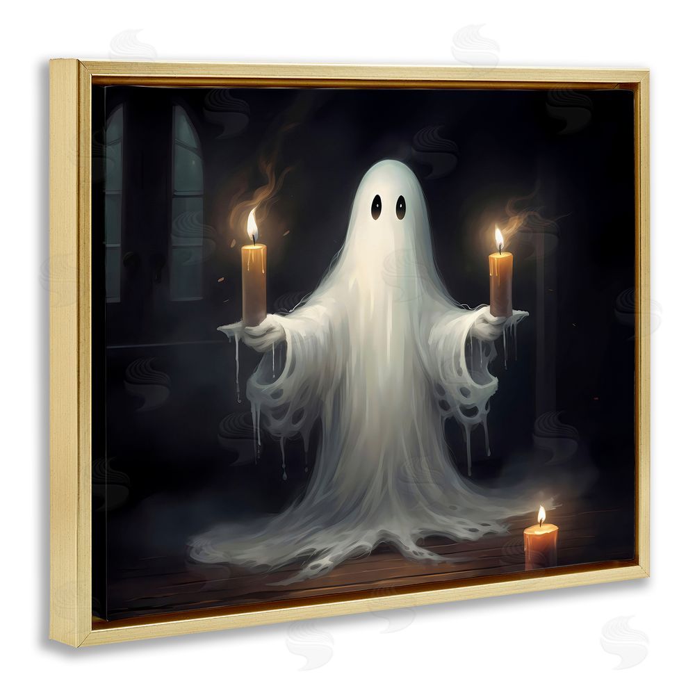 LSR Design Studio Spooky Candlelit Ghost Gold Floating Frame Canvas Wall Art Print