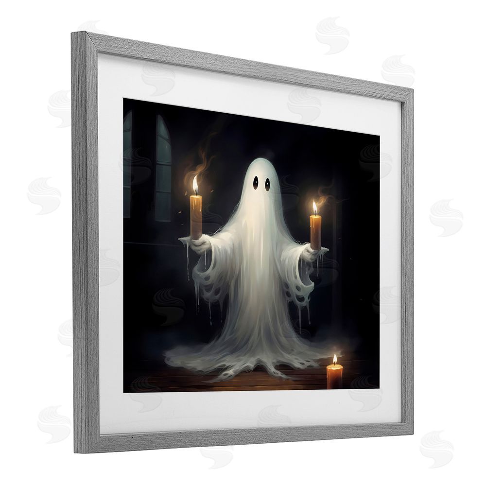 LSR Design Studio Spooky Candlelit Ghost Gray Framed Print Under Glass with White Mat Wall Art