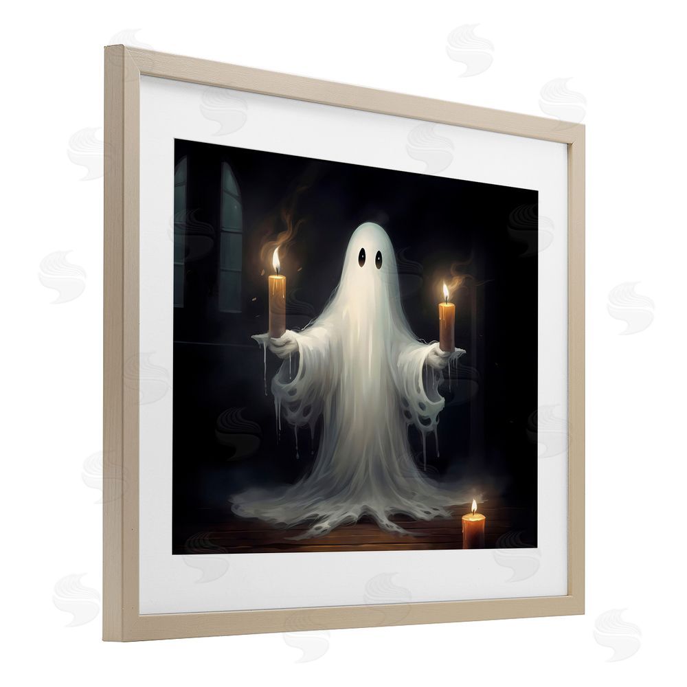 LSR Design Studio Spooky Candlelit Ghost Birch Framed Print Under Glass with White Mat Wall Art