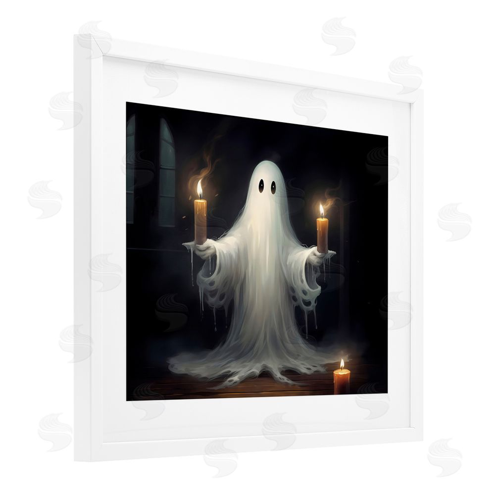 LSR Design Studio Spooky Candlelit Ghost White Framed Print Under Glass with Mat Wall Art