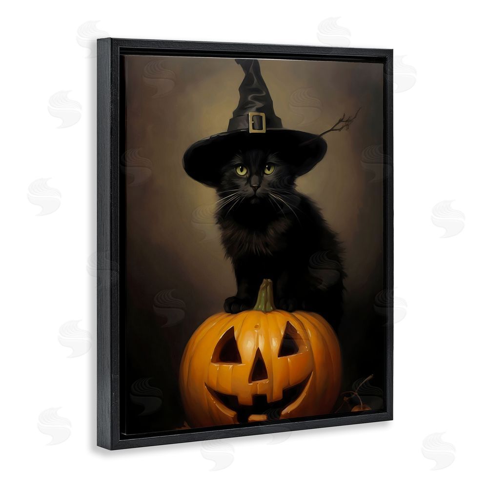 LSR Design Studio Black Cat on Pumpkin Black Floating Frame Canvas Wall Art Print