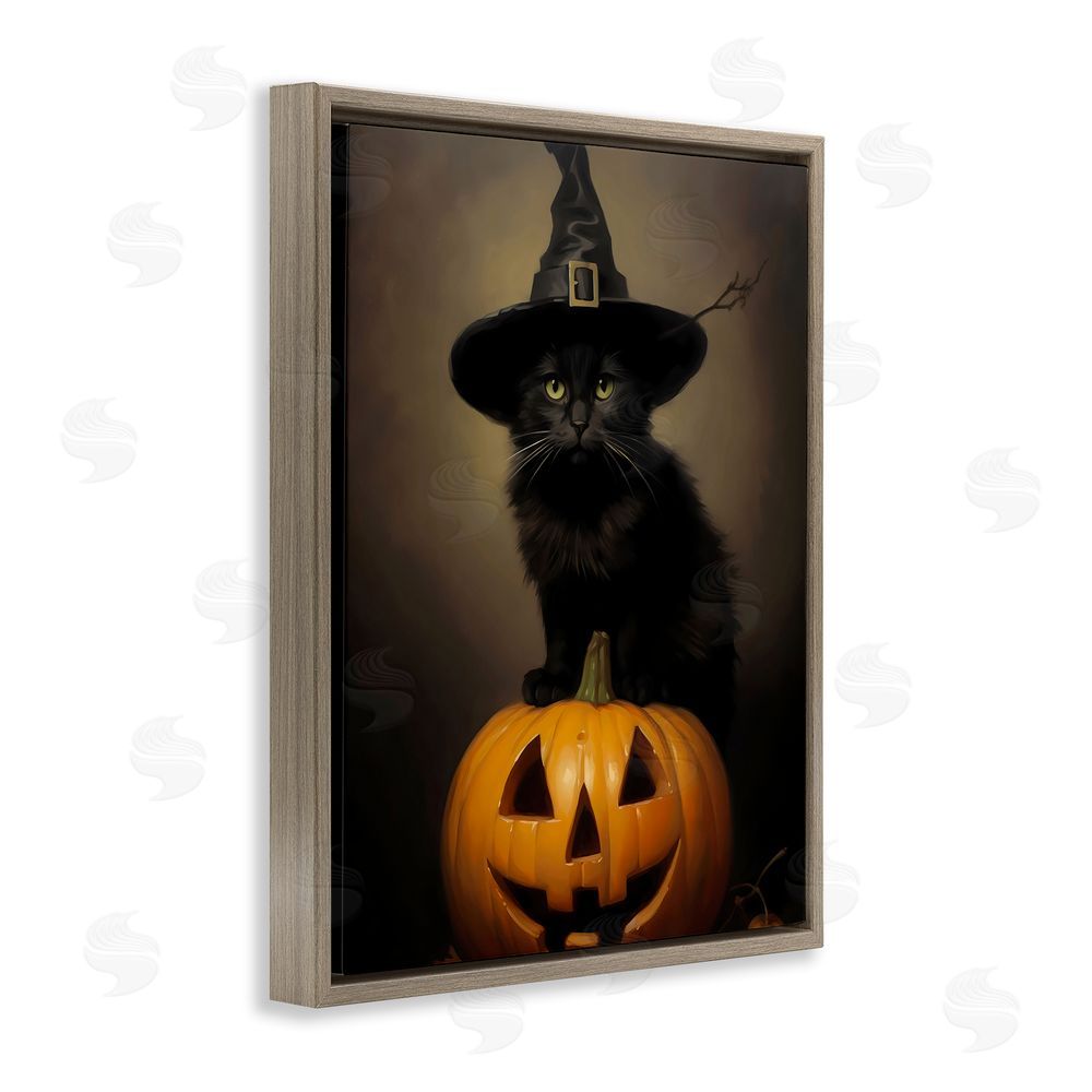 LSR Design Studio Black Cat on Pumpkin Brown Floating Frame Canvas Wall Art Print