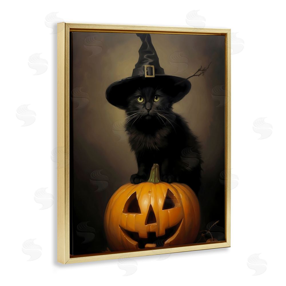 LSR Design Studio Black Cat on Pumpkin Gold Floating Frame Canvas Wall Art Print