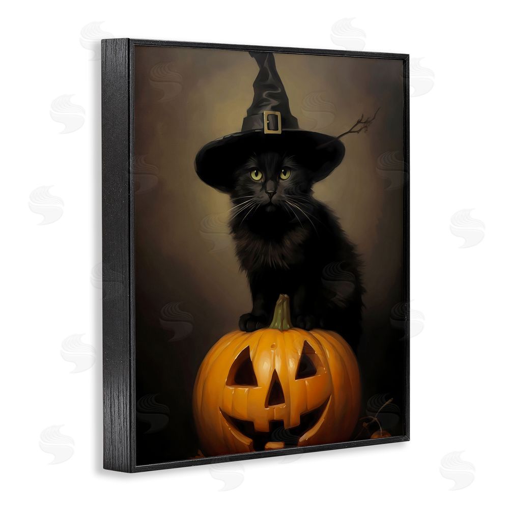 LSR Design Studio Black Cat on Pumpkin Black Framed Giclee Wall Art Print