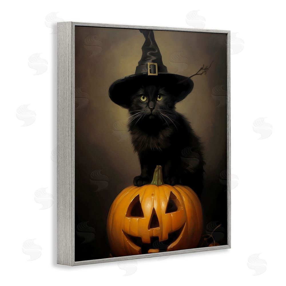 LSR Design Studio Black Cat on Pumpkin Gray Framed Giclee Wall Art Print