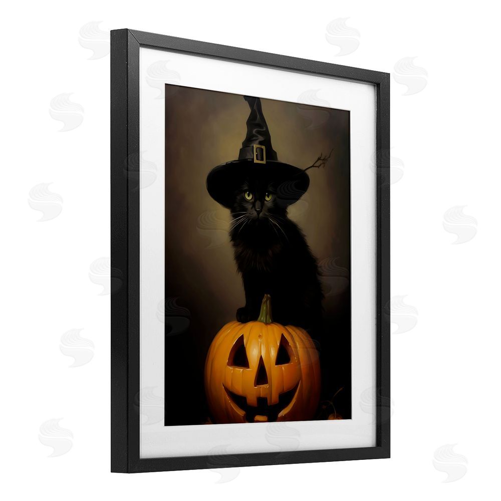 LSR Design Studio Black Cat on Pumpkin Black Framed Print Under Glass with White Mat Wall Art